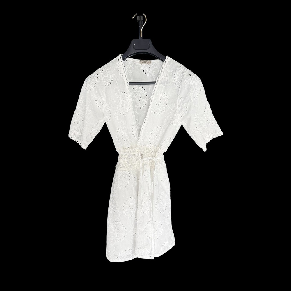 Luisa Perla‎ Italy White Eyelet Lace Wrap Dress Swim Cover Up Short Sleeve Mini
